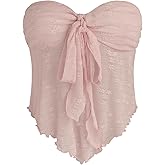 CIDER Summer Tube Tops for Women Floral Mesh Sheer Going Out Tops Cute Tie Front Strapless Flowy Top Trendy Y2K Outfits