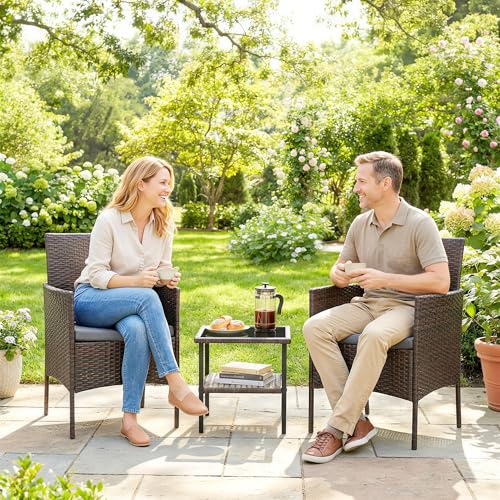 Outsunny 3 Piece Wicker Patio Furniture Set, Rattan Bistro Set with 2 Patio Chairs, 2-Tier Glass Table, Cushions, Outdoor Conversation Furniture for Porch, Balcony, Dark Grey