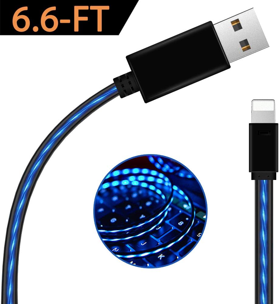USB Phone Charger Cord Cable, Oliomp Blue 6.6 FT LED Light Up Fast Charging Cords Sync Data Cord Compatible with Phone 8/XS/XR/XS MAX/7/7 Plus/6/6S Plus/5S/5,Pad/Pod