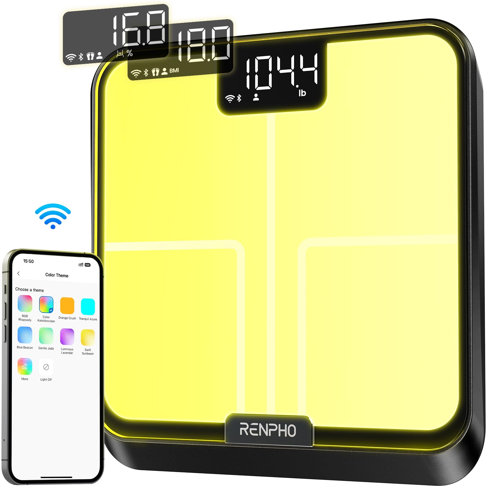 Photo 1 of RENPHO Smart Scale for Body Weight, BMI, Body Fat, Muscle Mass, FSA HSA Eligible, Bluetooth Wi-Fi Rechargeable Scale, RGB Lighting Color Changing Scale, Sync with Fitness App, Chroma Aspire