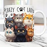Crazy Cat Lady Coffee Mug, Cute Cat Design with 6 Cats and Paw Prints, White Ceramic