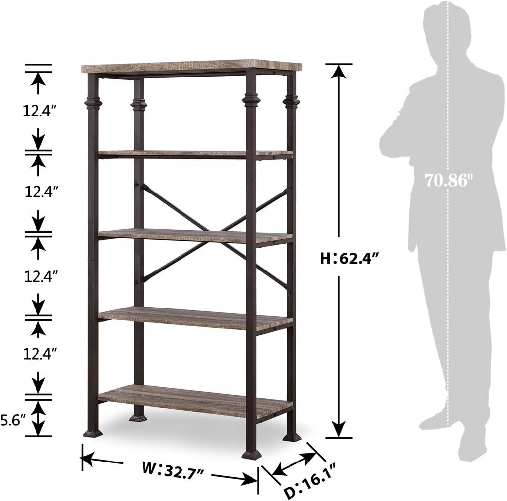 Hombazaar 5-Tier Modern Industrial Bookshelf with Sturdy Metal Frame, Large Book Shelves for Home and Office Organizer, 62.4’’Height: Furniture & Decor