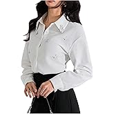 SweatyRocks Women's Long Sleeve Button Down Shirts Blouses Rhinestone Business Work Tops