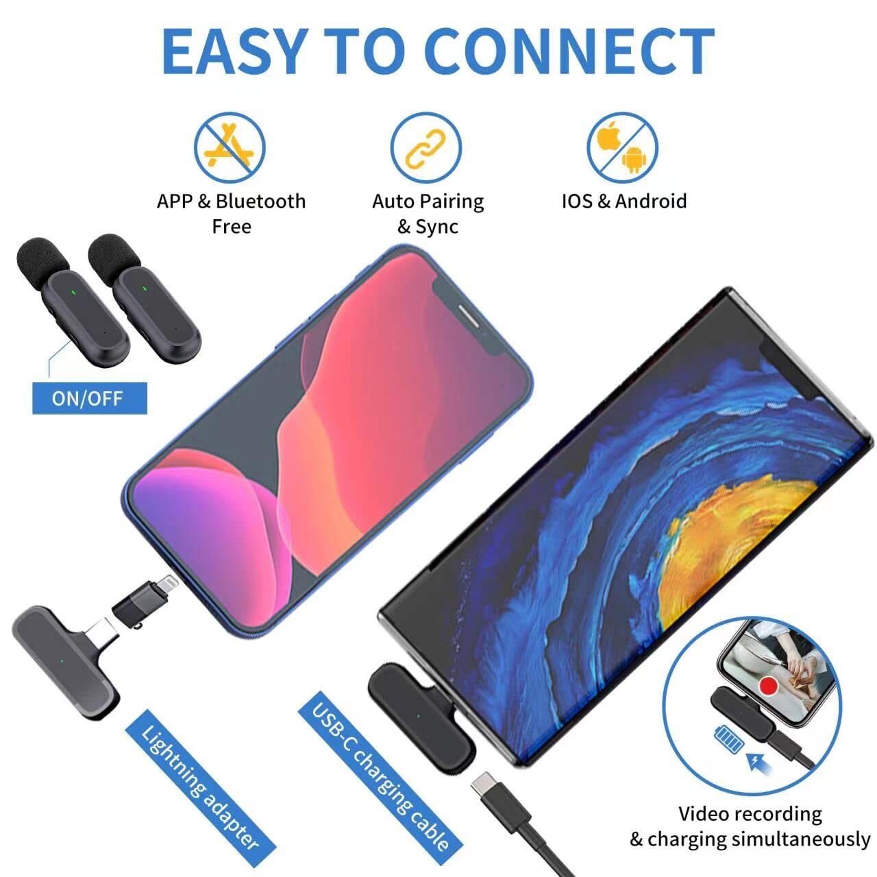 2 Pack Professional Wireless Lavalier Microphone for iPhone iPad Android with Charging Case Noise Reduction Plug-Play Clip on Lapel Mic for Video Recording Vlogging, YouTube, Interview, Live Streaming