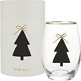 Santa Barbara Design Studio Holiday Stemless Wine Glass with Gold Foil Accent and Gift Box, Holds 17 Fluid Ounces, Tree with Bow