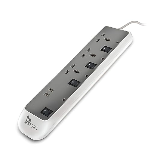 Syska SSK-EBU-0302 ABS 3 Way Power Strip (White and Grey)