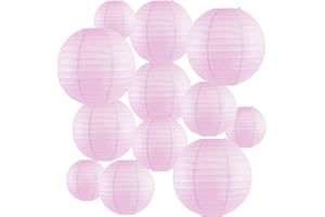 Peywot 12Pcs Round Paper Lanterns Assorted Sizes (6" 8" 10" 12") for Home Decor, Restaurant, Church, Wedding, Birthday Party Decorations, Hanging Chinese Japanese Paper Lantern Lamps (Light Pink)
