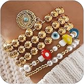 5 Pcs Cute Gold Beads Mushroom Bracelets Stackable Set for Women, Unique Dainty Eye Pearl Coin Bracelet Stylish Friendship Party Jewelry Gifts (Gold)