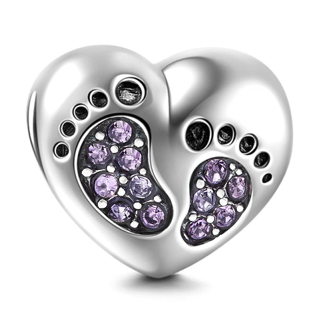Footprint Charm 925 Sterling Silver Heart Baby Foot Charm Birthday Charm Birthstone Charm Heart Charm Anniversary Charm for Pandora Charm Bracelet (Purple)
