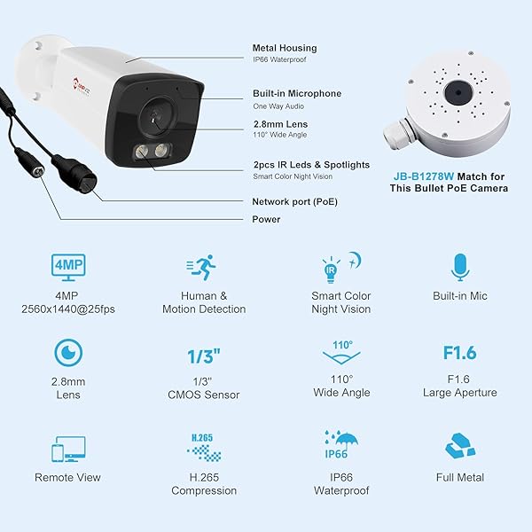 ANPVIZ 4MP BULLET POE IP CAMERA WITH SMART DUAL LIGHT COLOR NIGHT VISION, FULL METAL POE SECURITY CAMERA INDOOR/OUTDOOR, AI HUMAN MOTION DETECTION, IP66, WIRED, NDAA, IPC-B8A43WD-S (U SERIES)