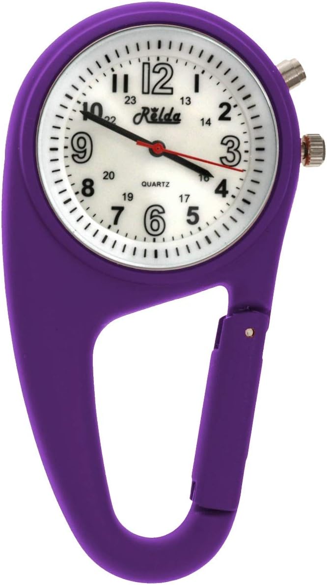 Relda Clip On Nurses Rubberised Purple Carabiner Light Pocket Fob Watch REL118