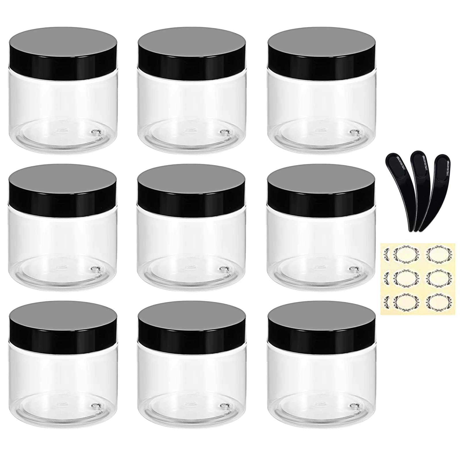 Alledomain 9Pcs 60g/60ml Clear Plastic Jars with 3Pcs Mini Spatulas & Labels Round Cosmetic Sample Container with Inner Liners and Black Lids for Lotions Cream Ointments Travel Makeup Beauty Storage