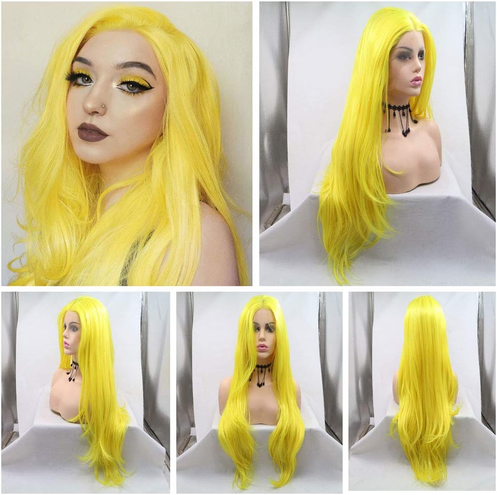 Yellow Synthetic Lace Front Wigs, 24Inch Long Wavy Yellow Cosplay