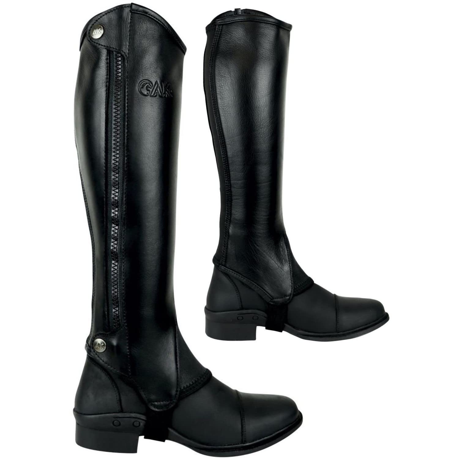 AK Side Zip Full Grain Leather Horse Riding Half Chaps Real Elastic for Snug Fit (Black, 14/XXS)