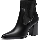 Coutgo Women Ankle Boots Sock Booties Pointed Toe Chunky Stacked High Heel Knit Chelsea Winter Dress Booties