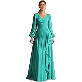 IMCACTOR Long Sleeve Pleated Bridesmaid Dress Ruffle Chiffon V Neck A Line Formal Evening Dress with Pockets
