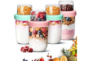 ComSaf Overnight Oats jars with Lids （16oz+4oz 4Pcs）, Dual-Laryer Chia Pudding Jars with Dry and Wet Separation, Yogurt Parfa