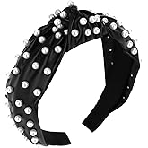 YISSION Black Faux Leather Pearl Knotted Headband for Women - Wide Pearl Embellished Hair Hoop, Stylish Hair Accessory for Daily Wear, Parties & Formal Events