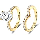 MDFUN 18K Gold Plated Promise Eternity Ring for Women, 7 * 9mm Oval Cubic Zirconia Two-in-One Rings Wedding Band Engagement