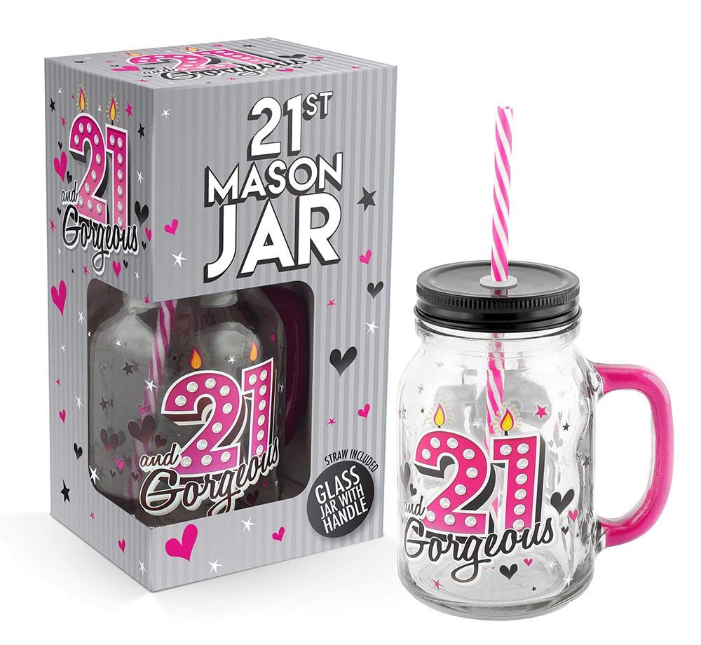 Lesser & Pavey 21st Birthday Cocktail Drinking Mason Jar With Metal Lid Glass Handle and Pink/White Straw 500ml - Lovely 21st Birthday Gift Idea