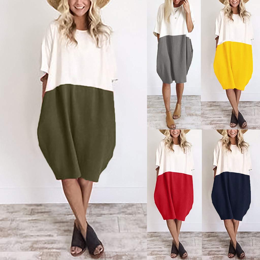 POTO Women Dresses, Loose Color Stitching Casual Dresses with Pockets Cotton Linen Tunic Dress Party Dress Beach Dress