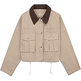 WOWULOVELY Womens Cropped Jacket Contrast Collar Utility Coat Button Down Lightweight Cargo Jacket Barn Jacket Outwear
