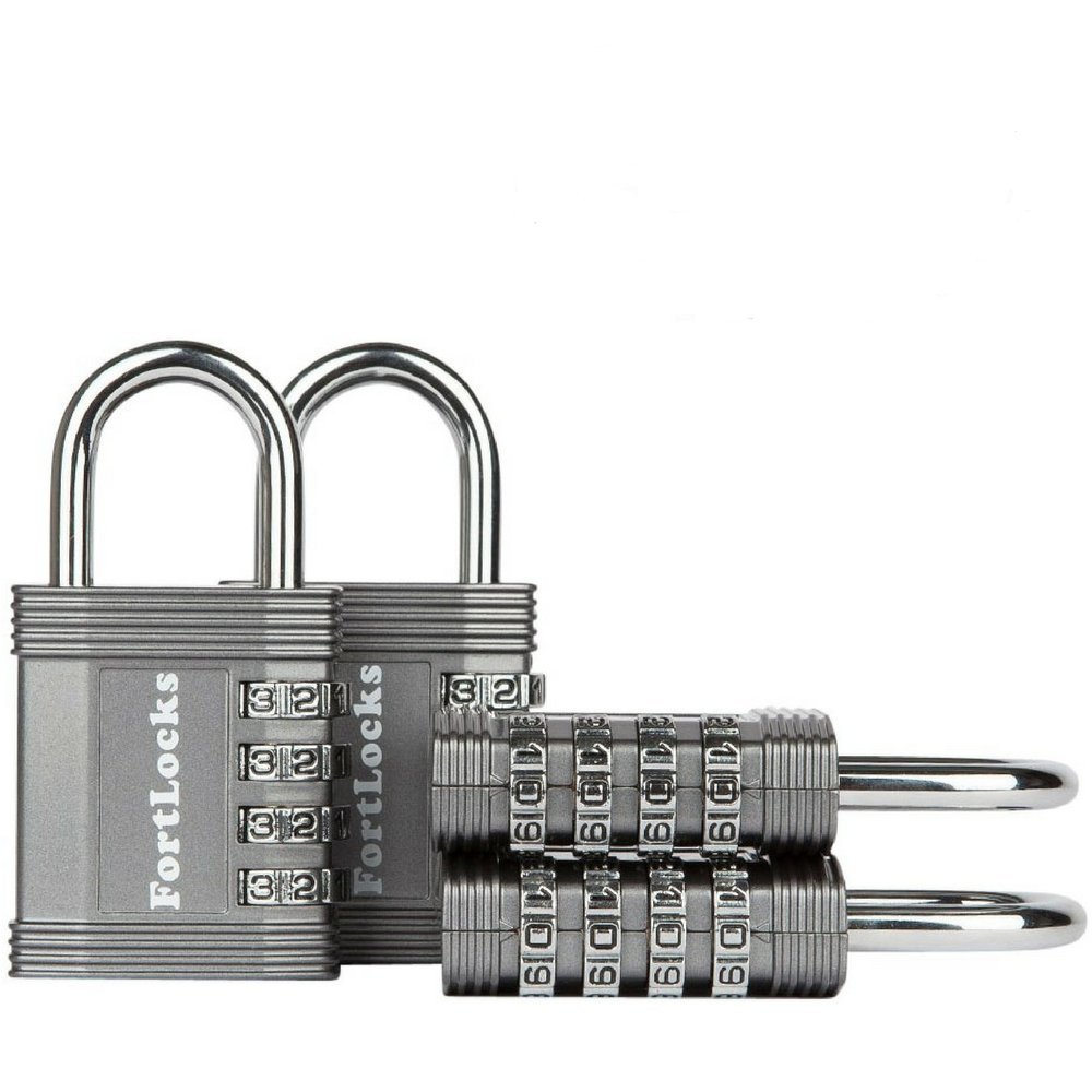 FortLocks Gym Padlock | 4-Digit Combination Lock for Indoor Lockers & Outdoor Use | Heavy-Duty, Rustproof, Weatherproof | 4-Pack, Grey