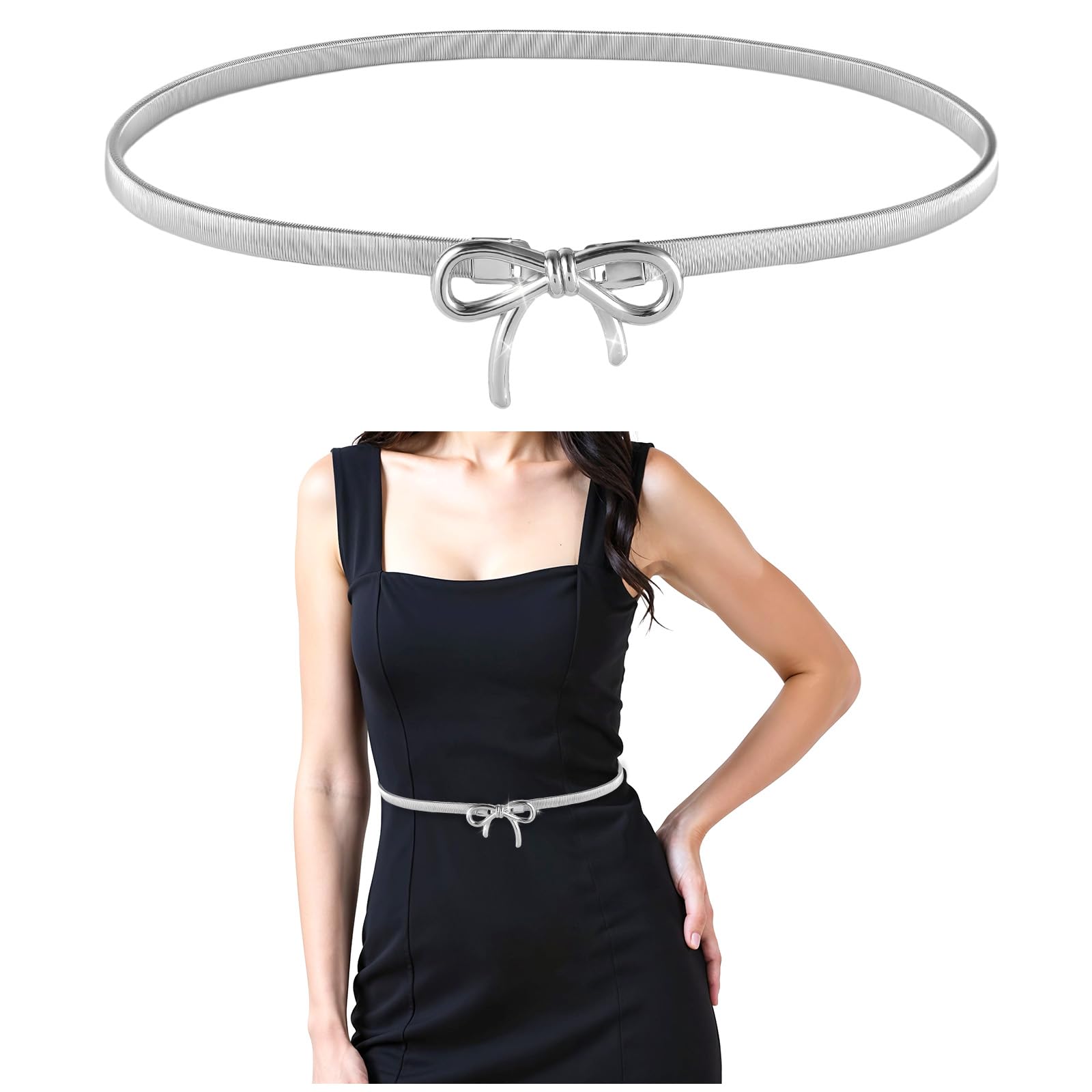 Photo 1 of HJZHII Metal Belts for Women, Stretchy Skinny Waist Belt Elastic Waistband Adjustable Chain Belt with Bow-Knot for Dress(Silver)