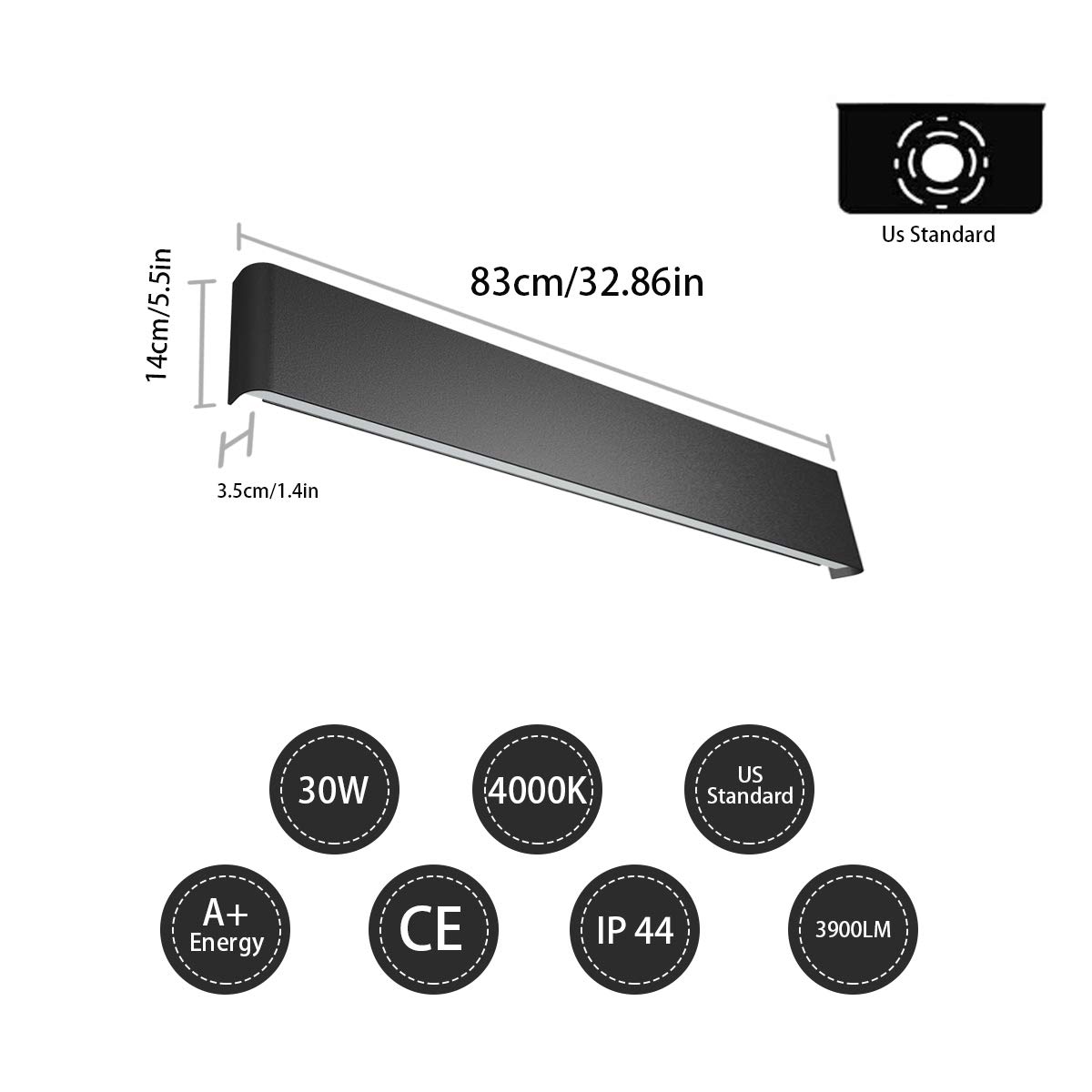 Diagram showing the dimensions of the Ralbay Modern Black Bathroom Vanity Light and its certifications.