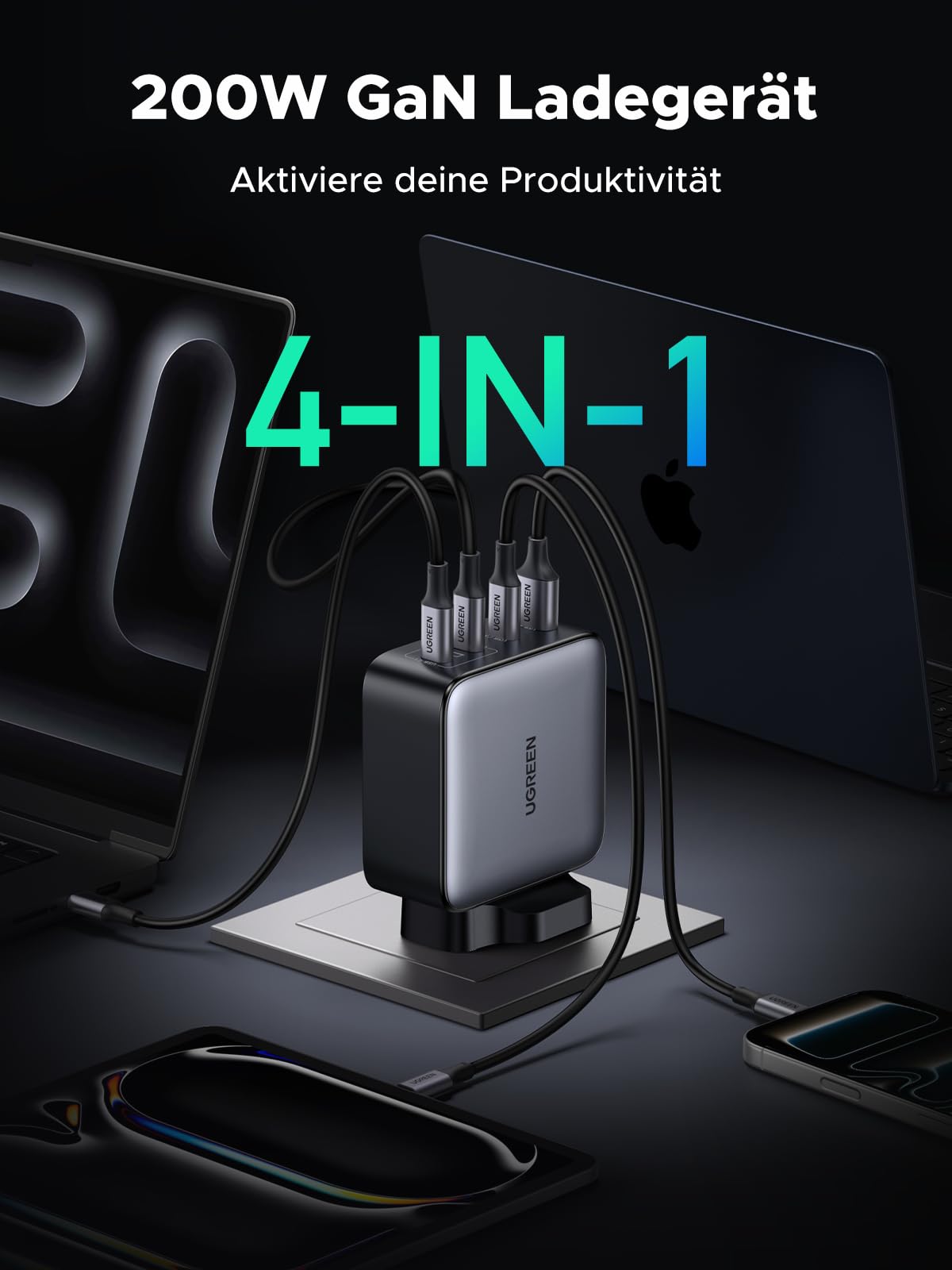 UGREEN Nexode 200W USB C Ladegerät, GaN Netzteil mit 4 Ports, Ultimativer 140W Schnellladeblock, Intelligente Leistungsverteilung, Kompakt & Universell für MacBook, iPhone 17-8, Galaxy Serien 4