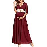 AISWI 3/4 Sleeve Maternity Dress Leaf Lace Contrast Chiffon V Neck Wrap A Line Flowy Pregnancy Dresses for Baby Shower