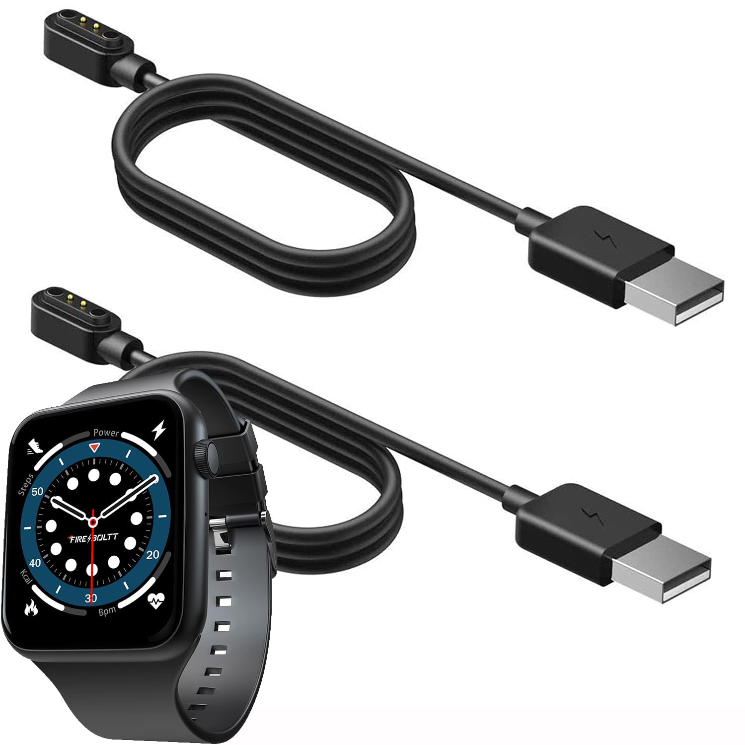 Compatible for Fire-Boltt Ring Bluetooth Calling Smartwatch 1.7" Charger, 2 Pin Magnetic USB Replacement Charging Compatible with Fire-Boltt RING 3 Smartwatch 1.7 Inches-BSW005 (Black+Black)