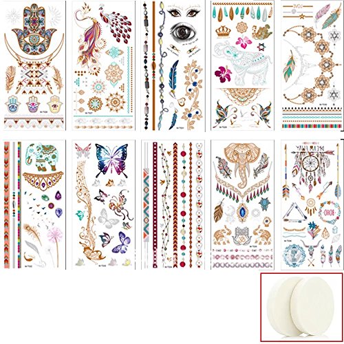 Brendacosmetic 10 Sheets Fashion Mandala Boho Metallic Temporary Tattoos Flash Tattoos with Elephants,Butterfly,FeathersÂ£Â¬Bracelets, Wrist -Gift 2 Pcs Round Sponge Puff Makeup Puff