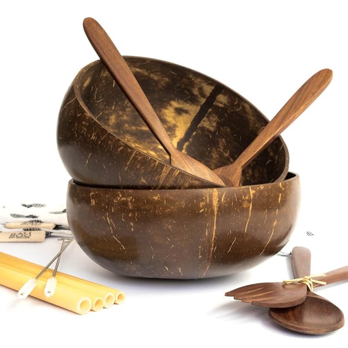 2 Coconut Bowls by Bali Boo | 100% Natural, Reusable, Washable | Includes 2 Cutlery Set with 1 Wooden Fork, 1 Wooden Spoon, 2 Bamboo Straws, 1 brush cleaner and a cotton pouch | Handmade in Bali