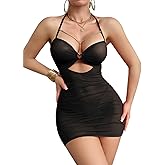 Lilosy Sexy Chain Ruched Bodycon Mesh Sheer Halter Outfits Mini Babydoll Lingerie Dress Set with Thong 2 Piece
