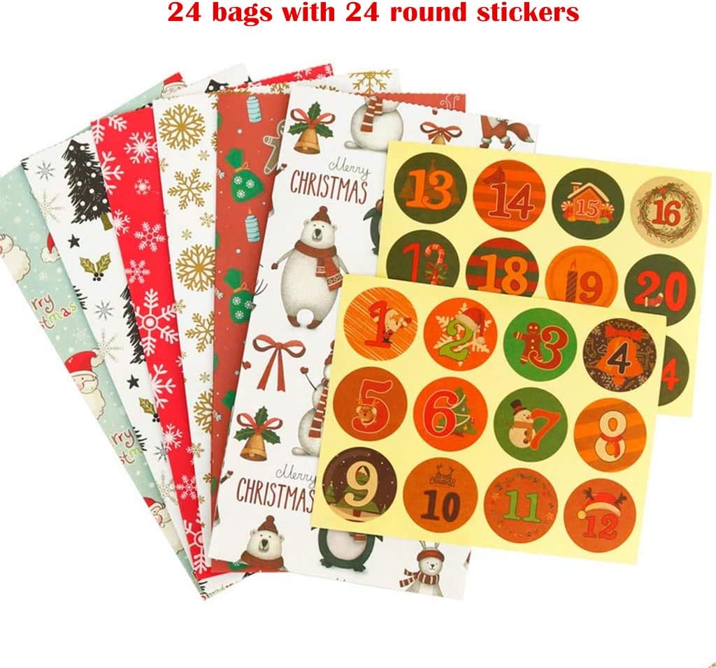 24 Pcs Christmas Kraft Paper Bags with 24 Stickers, 6 Elements Themed Design Xmas Snack Bags for Kids Party Favors - Image 3