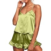 CHYRII Women's Sexy Silk Satin Ruffled Pajamas Sets Cami Shorts Sets Sleepwear