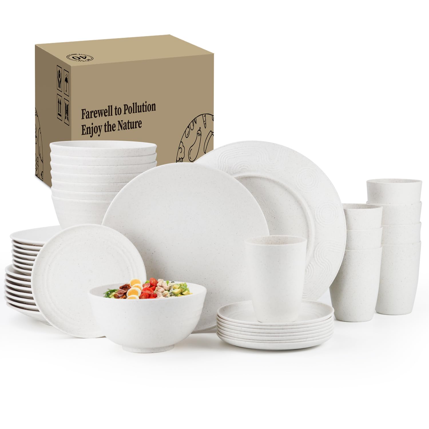 Homienly Wheat Straw Dinnerware Set,40-Piece Dish Set for 8, Dinner Plates, Dessert Plate, Cereal Bowls, Cups, Appetizer Plates,Reusable Dinner Plates Kids Plates and Bowls Sets, White Image Homienly Wheat Straw Dinnerware Set,40-Piece Dish Set for 8, Dinner Plates, Dessert Plate, Cereal Bowls, Cups, Appetizer Plates,Reusable Dinner Plates Kids Plates and Bowls Sets, White Image
