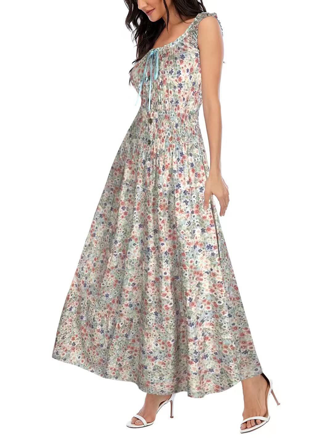 OSTOO Women's Boho Floral Maxi Dress - Summer Tiered Long Dress, Blue Flower Print, Large - View #12