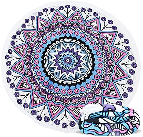 ELECCTV Round Beach Towel, Microfiber Round Beach Blanket for Yoga Mat Picnic Blanket Baby Pet Playing Mat with Fringe Tassels
