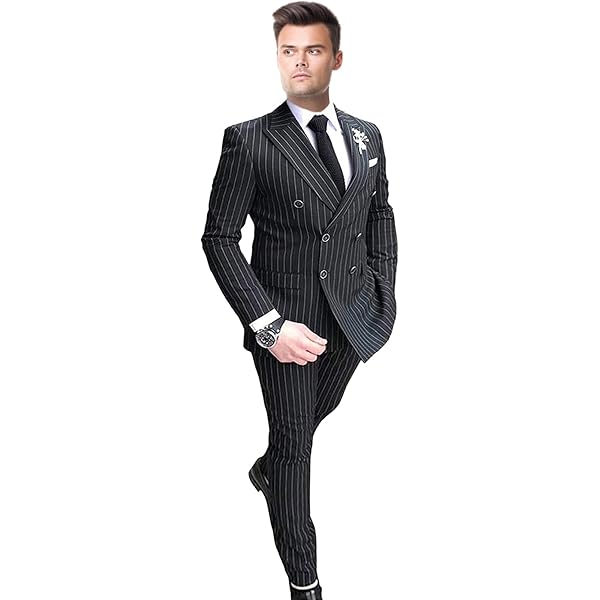 QZI Men's Slim Fit Suit Stripe Jacket Pants Double Breasted Two