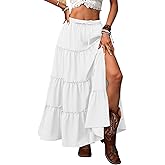 ELLEVEN Women's Summer Slit Tiered Maxi Skirt - Boho A-Line Elastic Waist Long Skirts with Pockets