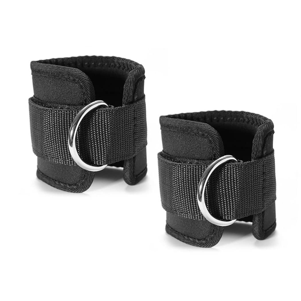 Pair of Ankle Straps for Cable Machines，Gym Cuffs with Neoprene Padding, Adjustable Velcro Strap & Heavy Duty Steel Double D Rings | For Leg Extension, Leg Curl, Hip Abductors & Glute Kickback (Black)