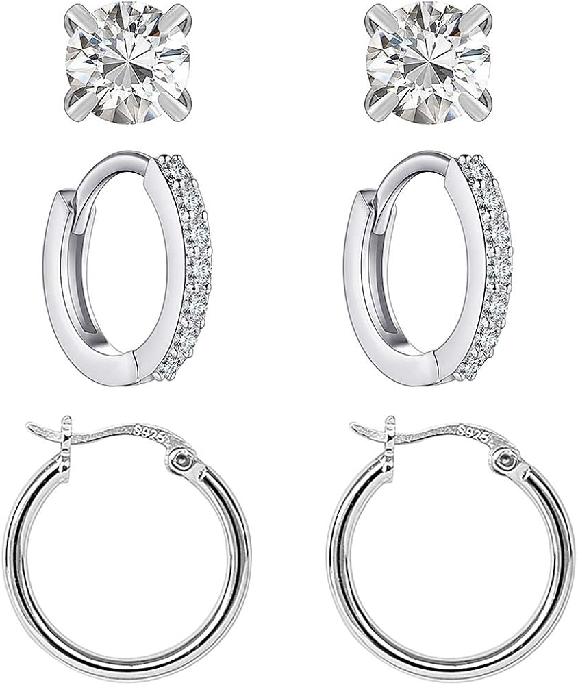 YooAi 3Pair Stud Earrings Set Cubic Zirconia Huggie Hoop Earrings Small Studs Ear Bone for Women