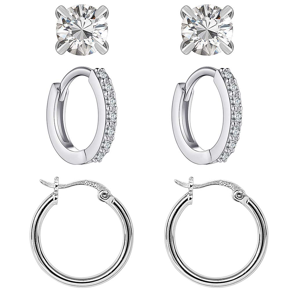 YooAi 3Pair Stud Earrings Set Cubic Zirconia Huggie Hoop Earrings Small Studs Ear Bone for Women 3 Set