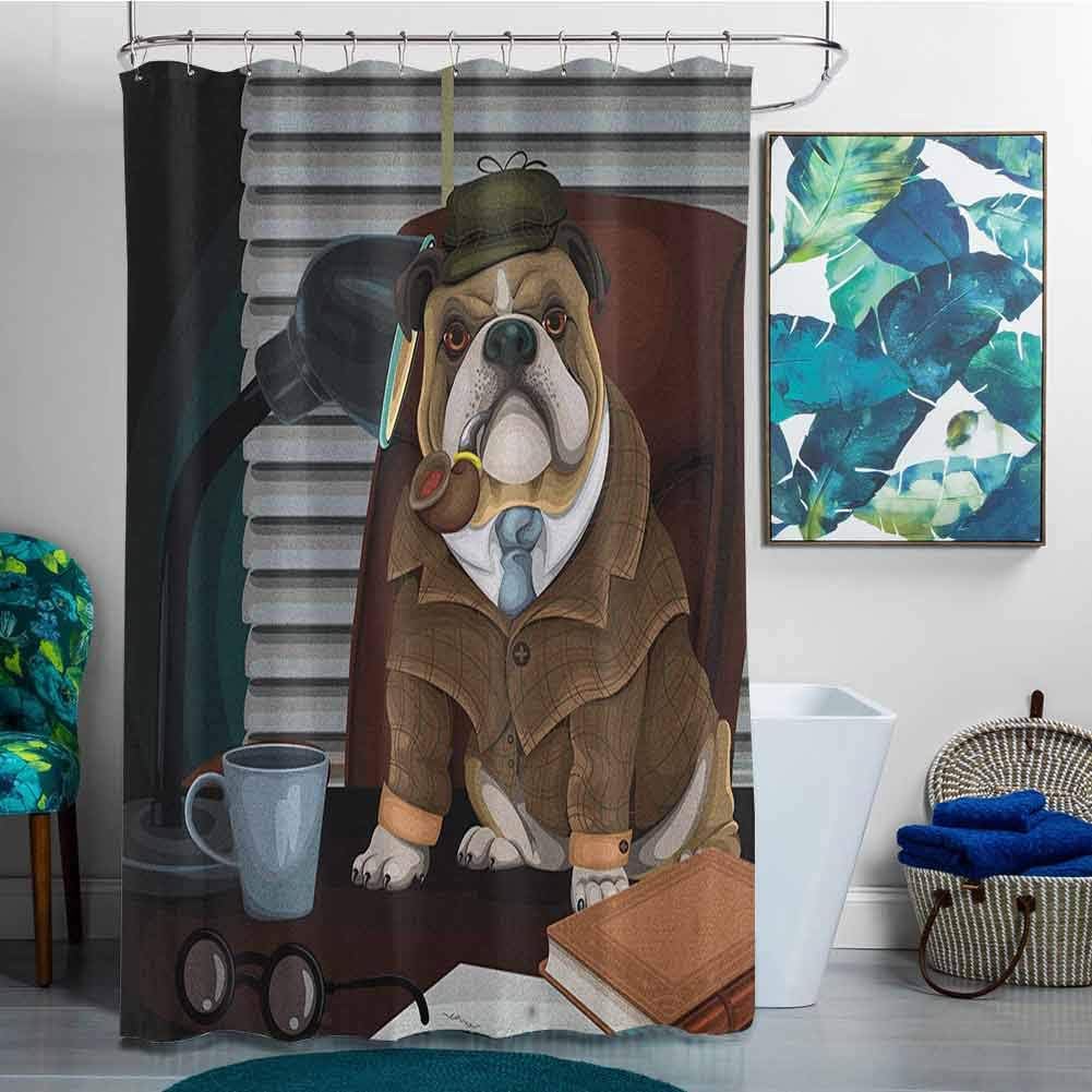 Shower stall Curtains English Bulldog Traditional English Detective Dog with a Pipe and Hat Sherlock Holmes Image Shower Curtain with Hooks MulticolorW84x72L