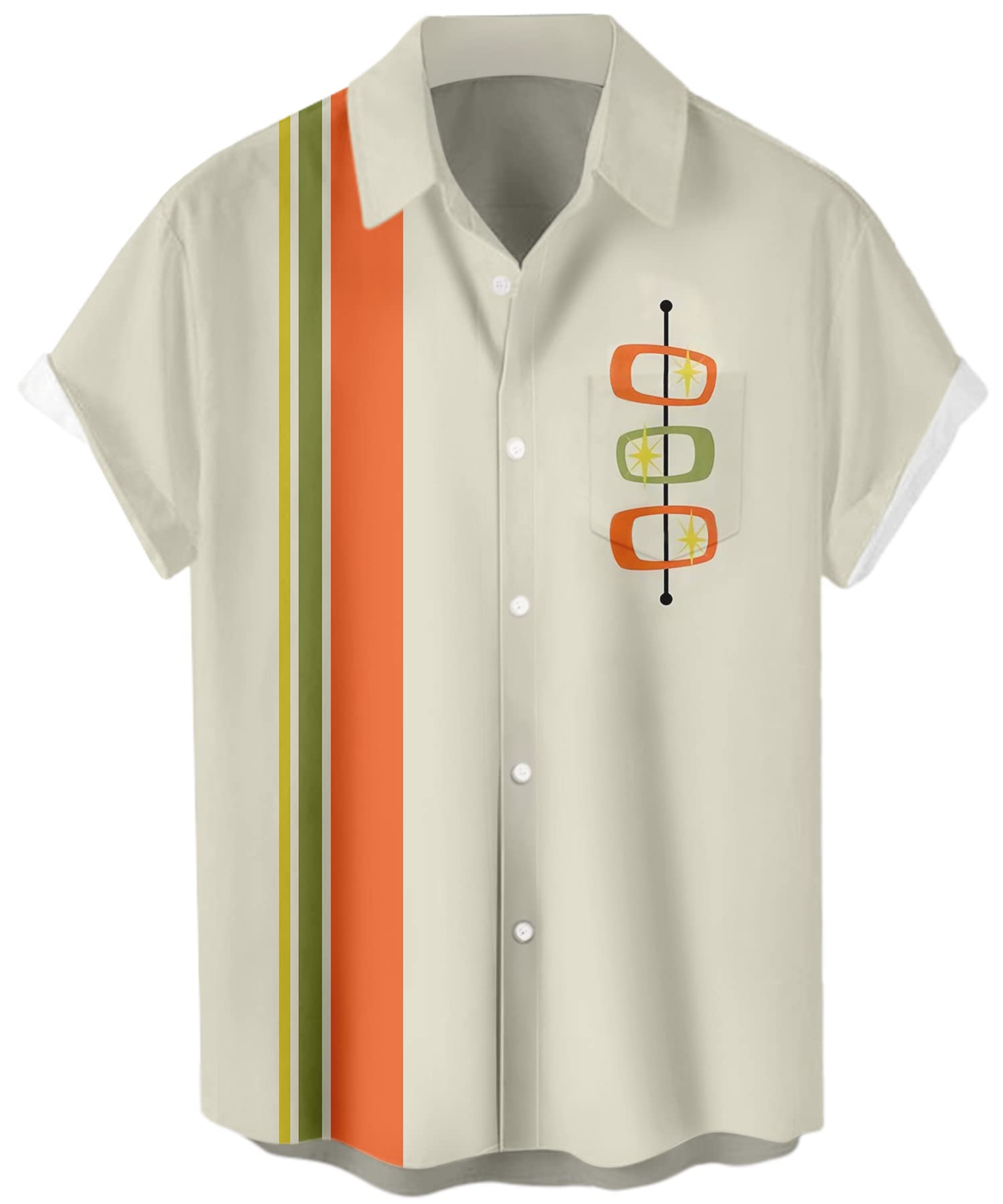 Photo 1 of Deer Lady Mens Bowling Shirt Short Sleeve Vintage Printed Camp Shirt Casual Button Down Shirt Striped Colored Squares M
