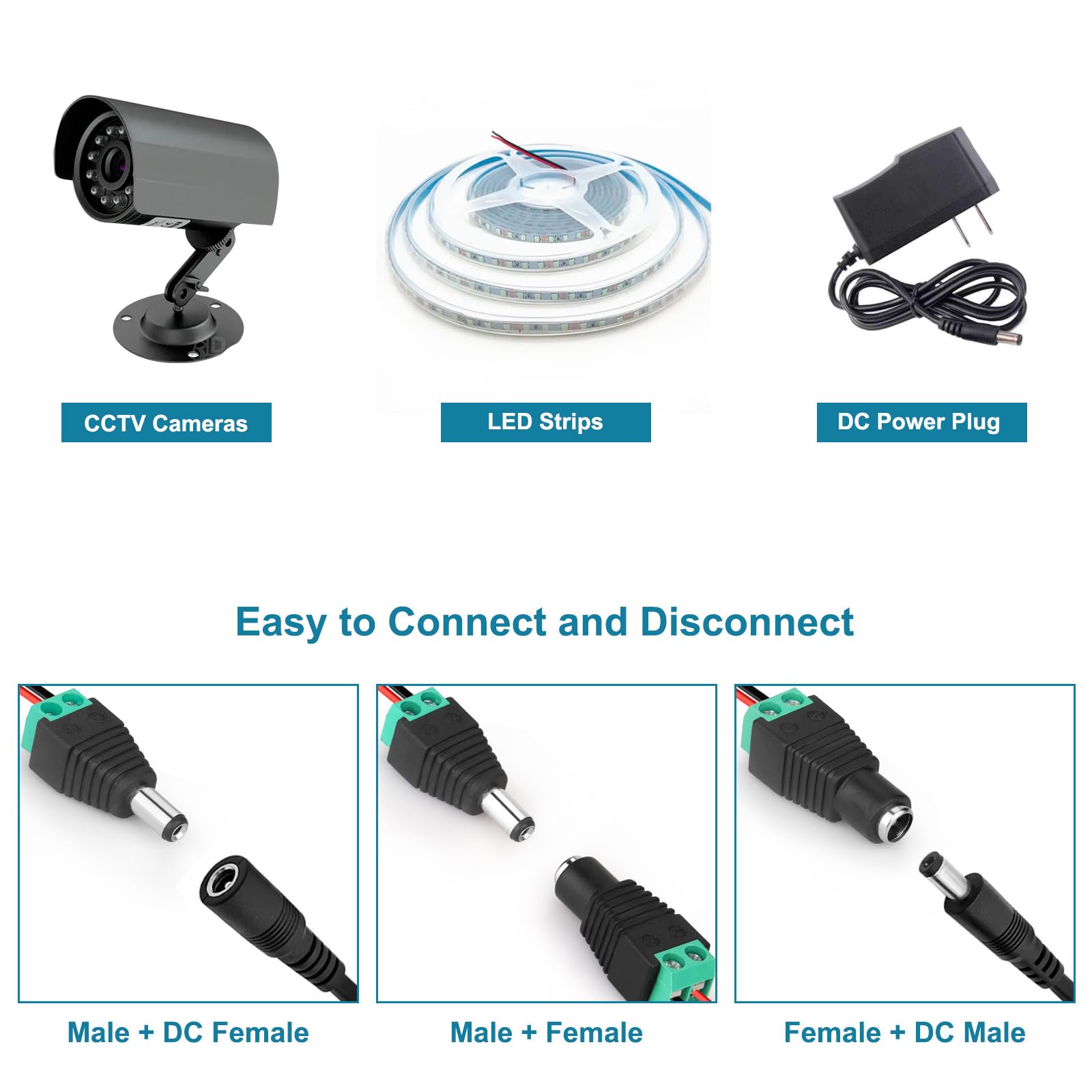 12V DC Adapter Plug 5.5mm x 2.1mm, 10 Pair (10 x Male + 10 x Female) DC Power Connector for LED Strip CCTV Security Camera Cable End Plugs (Male & Female)