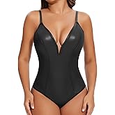 SHAPERIN Women's Deep V Neck Faux Leather Corset Bodysuit Tummy Control Shapewear Thong Body Shaper Plunge Cami Top