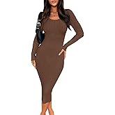 zhaistar Women's Sexy Bodycon Long Sleeve Midi Dress Scoop Neck Ribbed Knit Cocktail Party Club Dresses